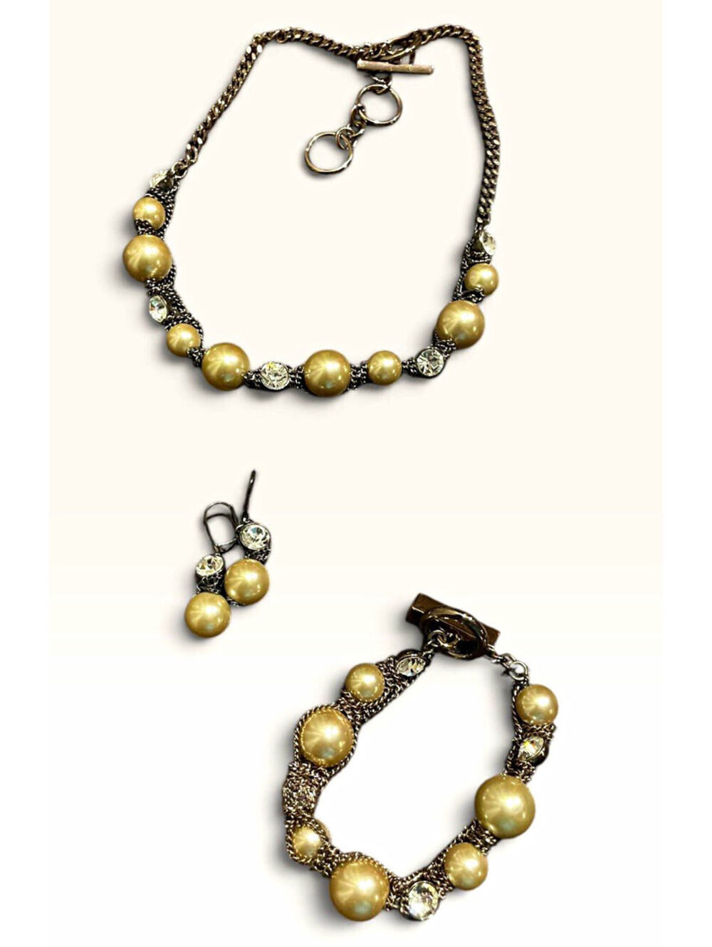 • Vintage Signed Givenchy Faux Pearl & Crystal Jewelry 3- piece Set